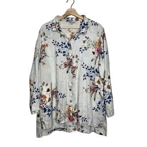 John Mark 100% Linen Floral Button Down Shirt Top White Multicolor 1X